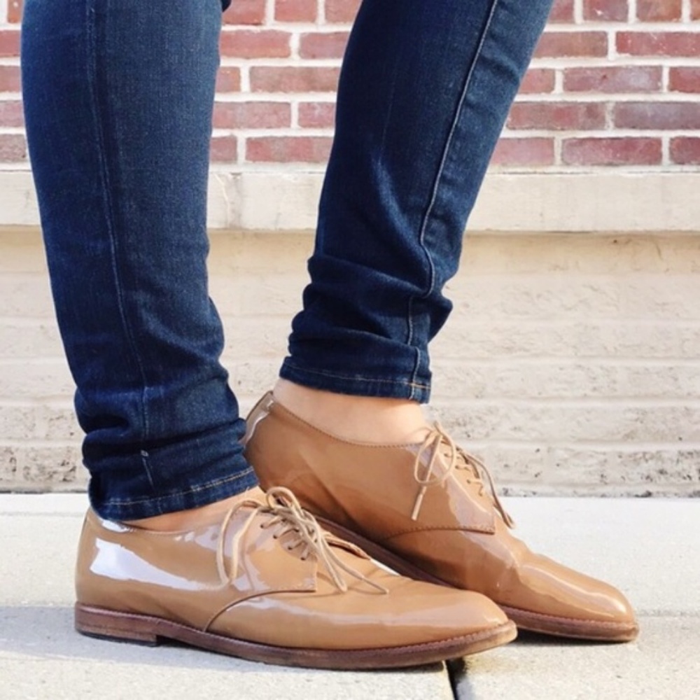 Madewell 7 Tan Bobbie Oxford Patent Shoes Flat - Picture 1 of 8